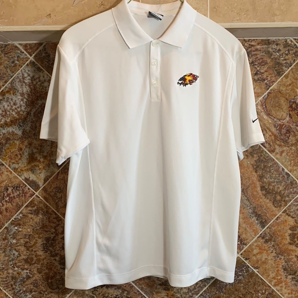 Men's Dri-Fit White Nike Golf Polo with Firebird Embroidered Logo, Size Large